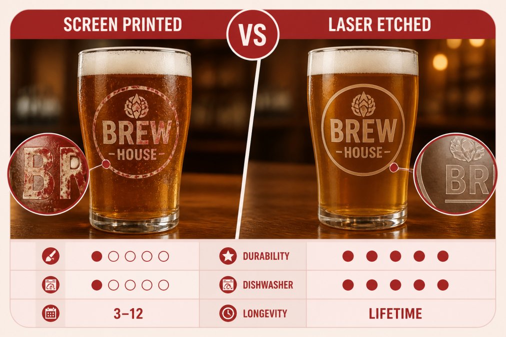 Close-up side-by-side of two branded beer glasses on a wooden bar surface, one with a faded screen-printed logo and one with a crisp laser-engraved logo, under warm amber hospitality lighting