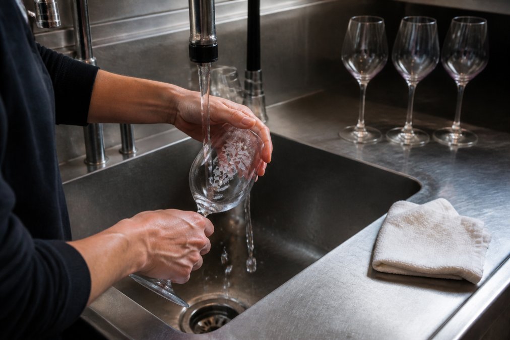 Hands carefully hand-washing a custom-etched wine glass under a gentle stream of warm water in a stainless steel commercial kitchen sink, a soft white cloth resting on the bench beside the sink