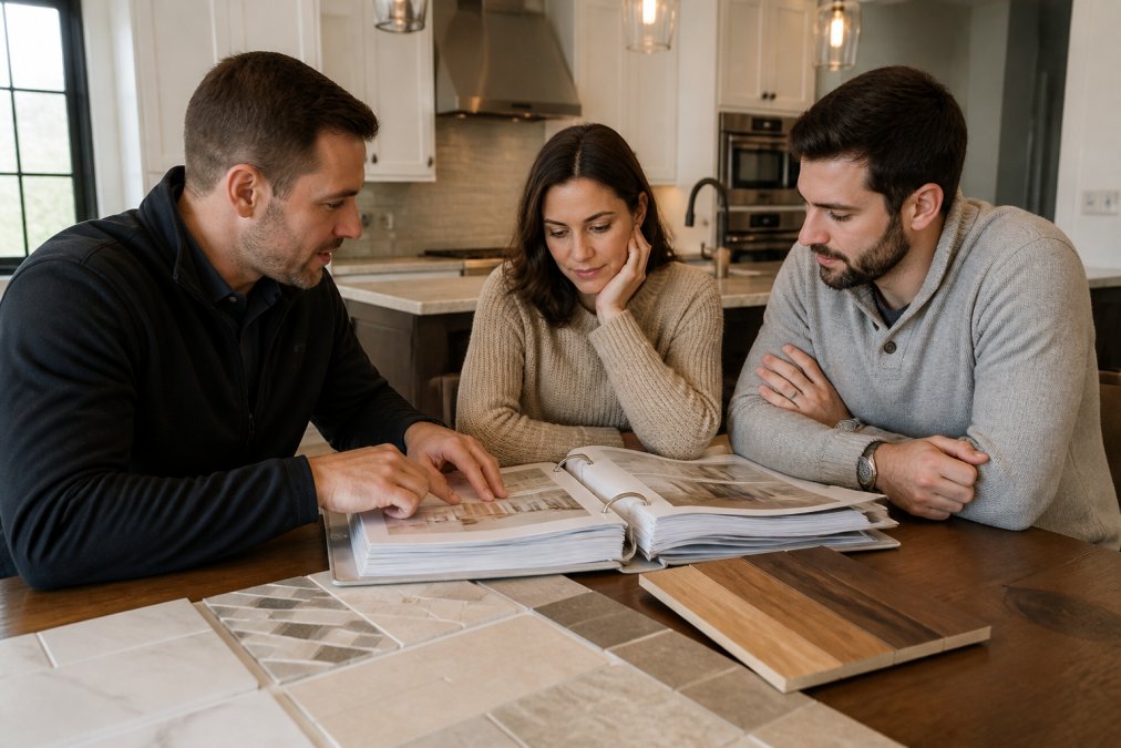 A couple reviewing a thick binder of home finish selections with a contractor at a kitchen table, samples of tile and wood spread out in front of them