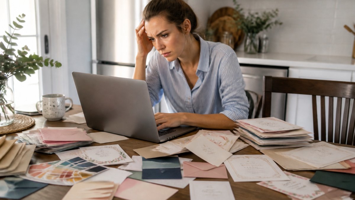A woman sitting at a kitchen table with a laptop open, surrounded by scattered paper samples and color swatches, looking overwhelmed but determined