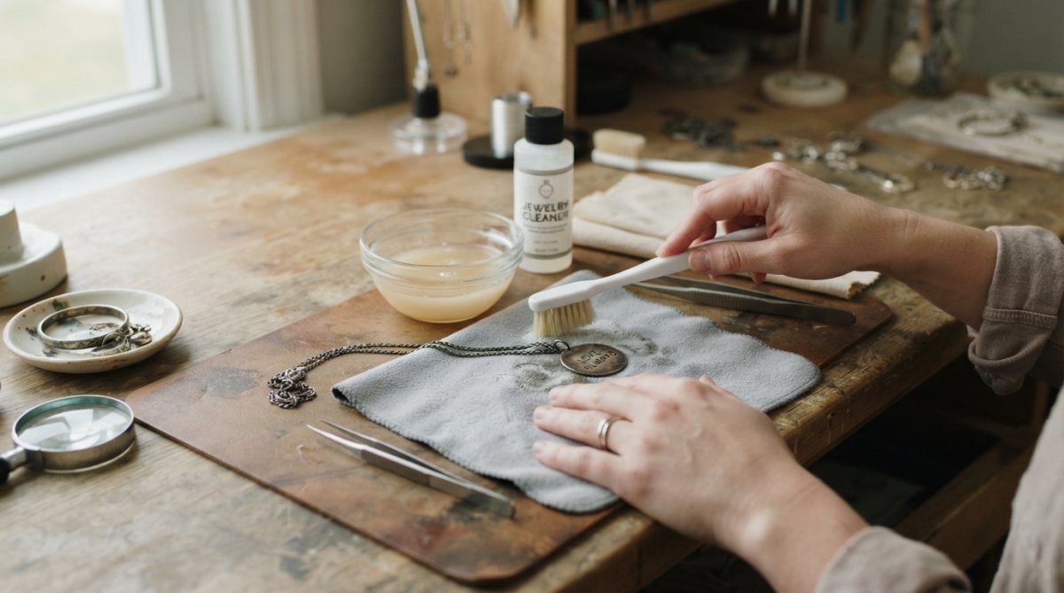 Close-up of hands gently cleaning a tarnished silver necklace with a soft cloth and polishing solution on a marble countertop, natural window light streaming across the surface