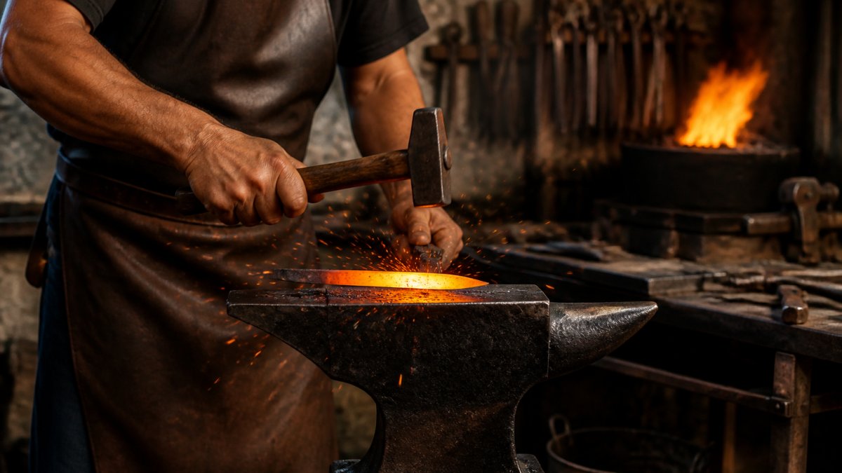 A bladesmith's hands shaping a glowing steel blade on an anvil in a workshop, sparks visible, leather apron and tools in the background