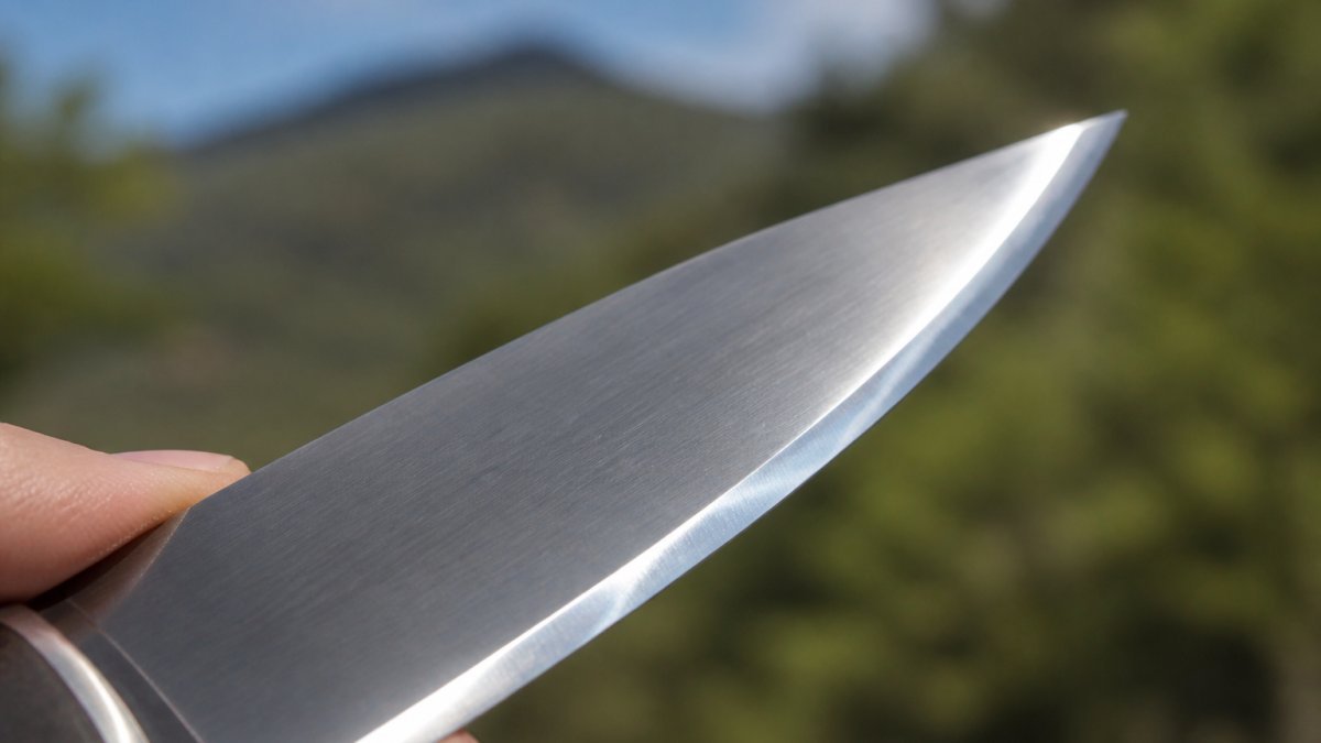Close-up of a custom knife blade held at a precise angle to natural light, showing the refined edge geometry and polished bevel surface