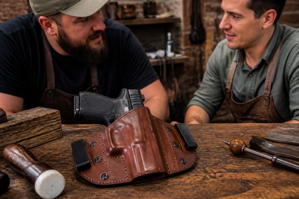 Handcrafted brown leather IWB holster holding a handgun on a workbench with custom leather holsters tools.