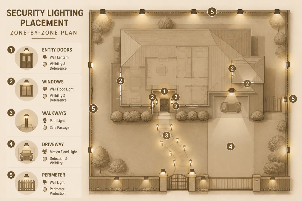 Floor plan diagram illustrating custom lighting zones for home security, including entryways, walkways, and driveways.