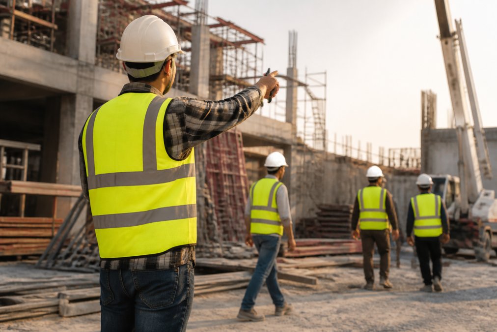 A construction site supervisor in a custom-printed yellow hi vis vest with reflective shoulder and body tape, standing on an active site and directing a team of workers wearing matching branded vests in the late afternoon light