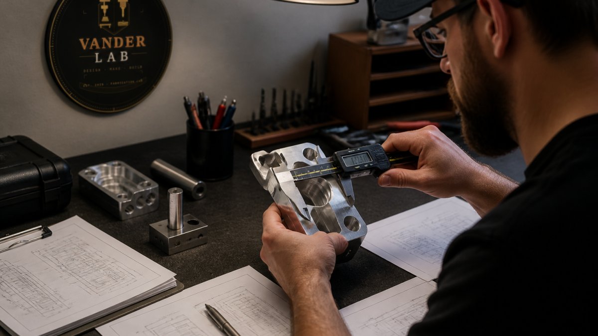 Professional measuring a precision-machined aluminum part with digital calipers on a clean workbench, technical drawings and CAD printouts visible nearby, soft workshop lighting