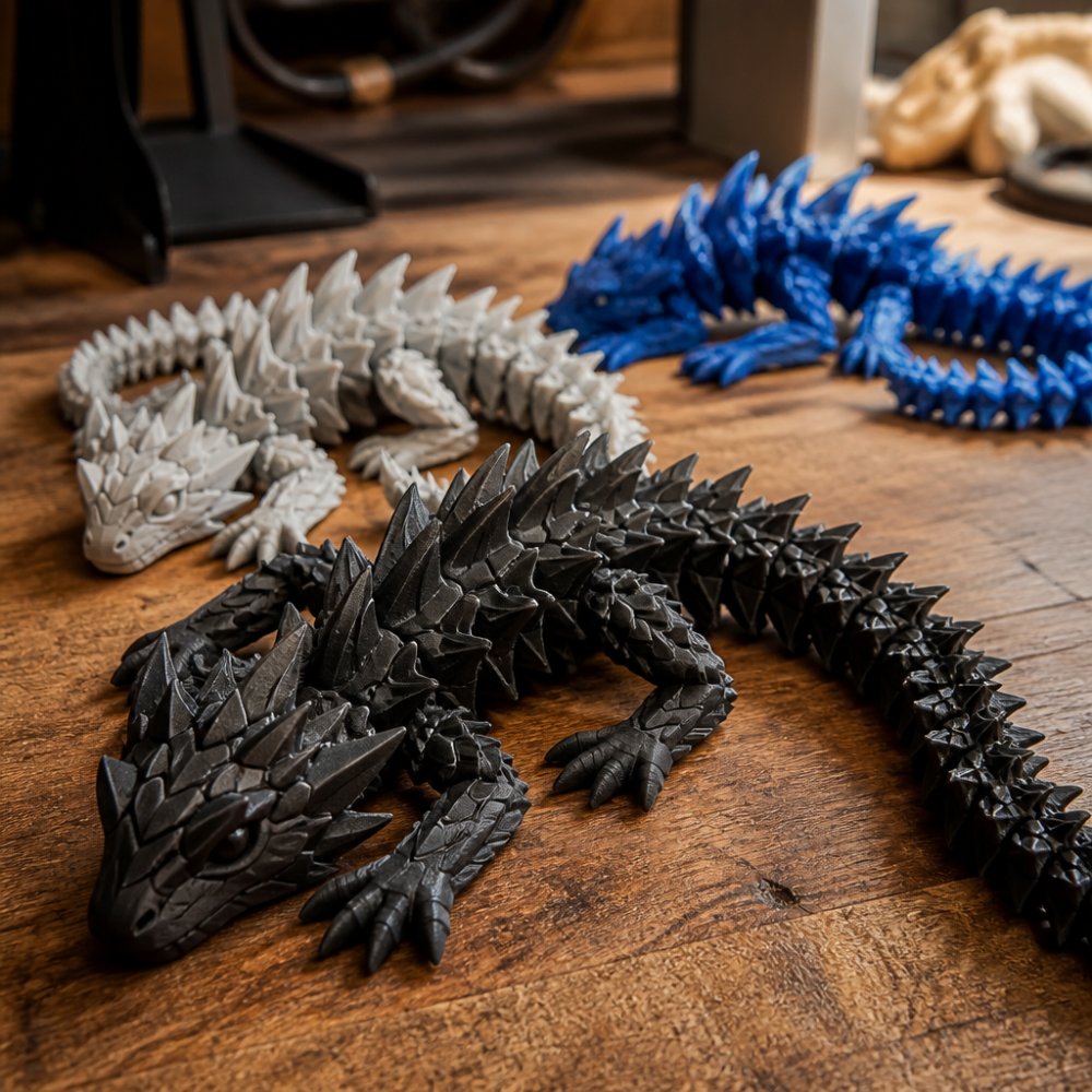 Close-up of finished articulated 3D-printed dragon figures on a wooden workbench, showing smooth resin surfaces and detailed joints under warm natural window light