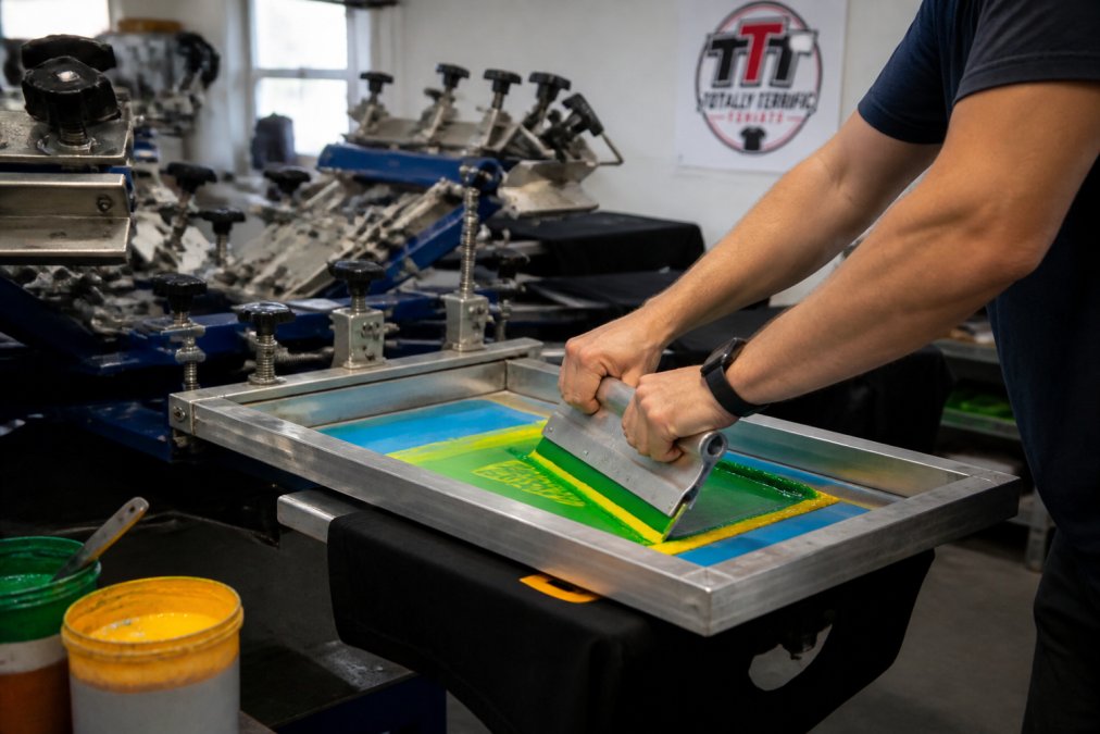 A close-up of a screen printing carousel in a workshop, with a vibrant custom t-shirt design being pulled across the screen, showing the hands-on process and colorful inks