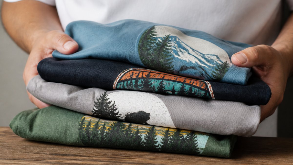 Close-up of hands holding multiple custom-printed t-shirts of different colors stacked together, showing print quality and fabric detail