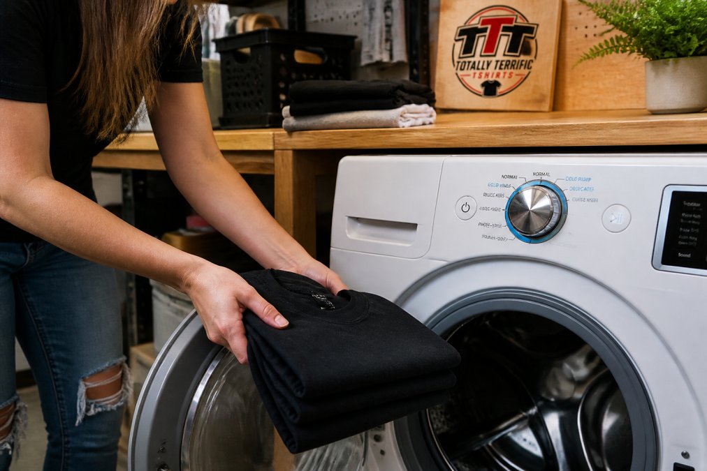 Hands placing a folded custom shirt into a washing machine set to cold water to prevent custom shirts shrink.