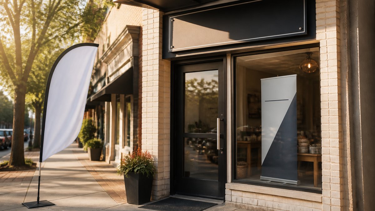 A small storefront with a professional custom sign above the door, a tall feather flag on the sidewalk, and a retractable banner stand visible through the front window, warm afternoon light