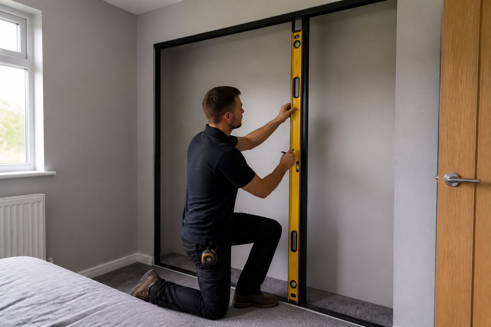 Professional installer carefully measuring and aligning a custom sliding wardrobe door frame in a bedroom alcove, showing precision measurement tools and spirit level against the wall