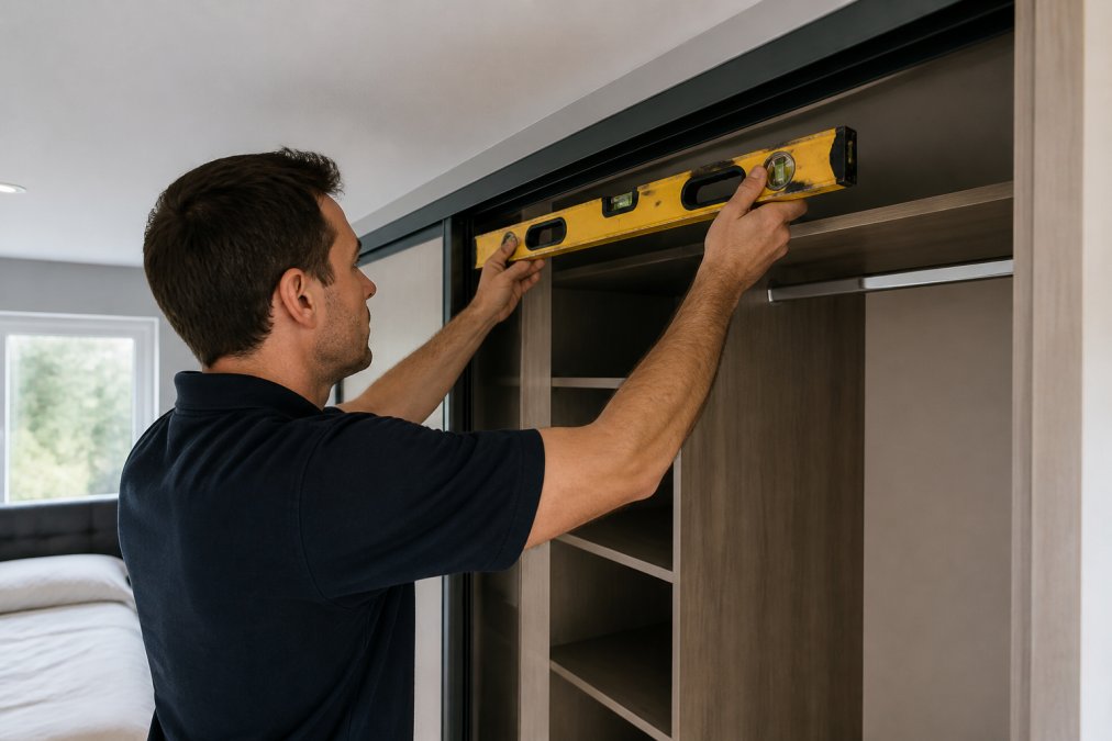 Joiner's hands using a precision level to check track alignment on a custom sliding wardrobe door frame during professional installation in a modern bedroom