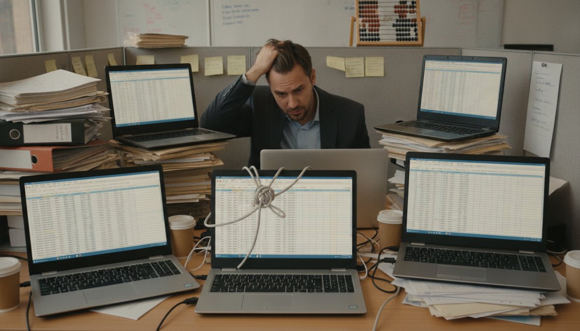 A frustrated business professional surrounded by multiple open laptop screens showing complex spreadsheets in a cluttered, dimly lit office, with printed spreadsheet reports scattered across the desk