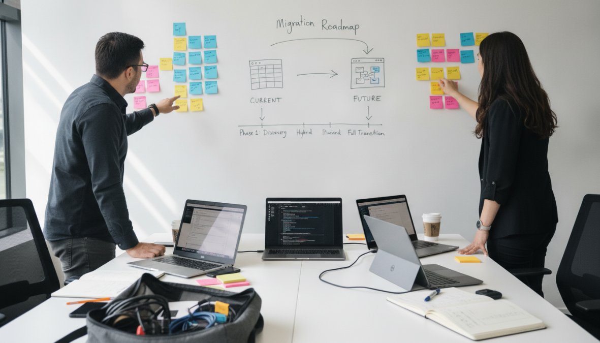 A small team of three professionals collaborating around a whiteboard covered in sticky notes and a handwritten transition plan, with laptops open on a modern conference table under warm overhead lighting