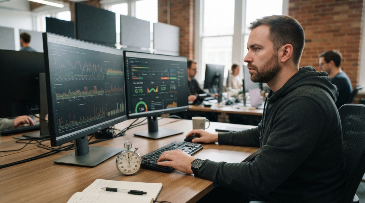 Developer monitoring website performance metrics on a dual-monitor setup, with graphs and analytics visible on screen in a modern office environment, sitting at ergonomic desk