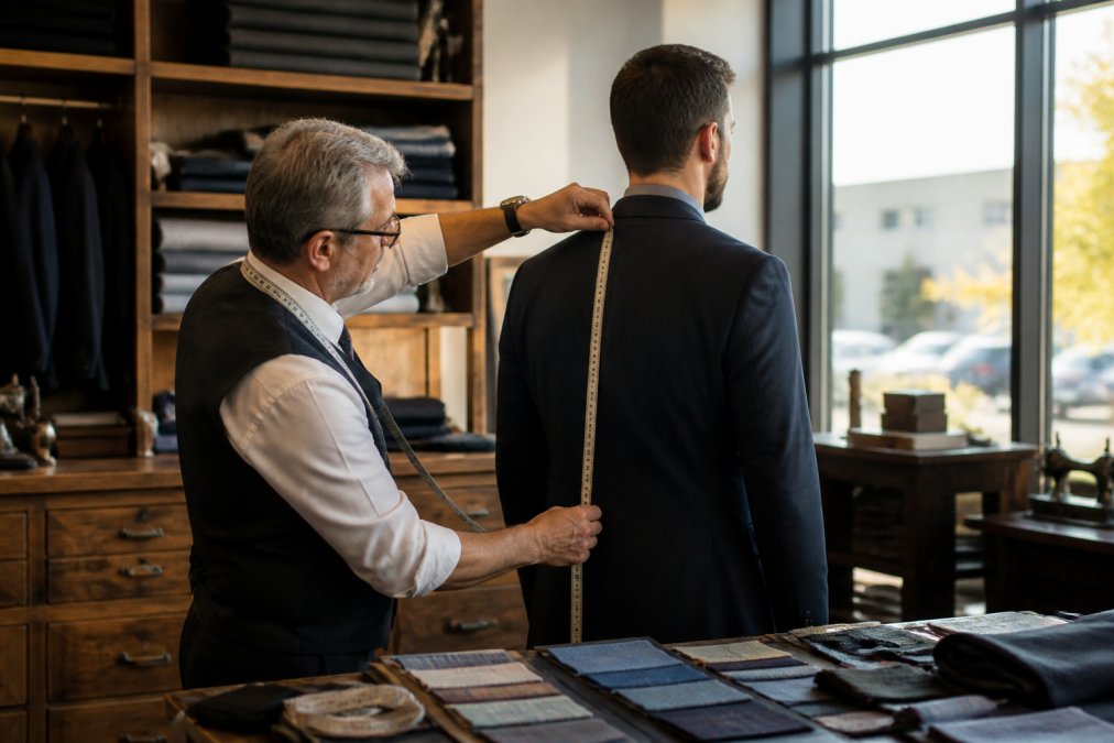 A skilled tailor taking precise measurements on a client in a well-lit Calgary tailor shop, with fabric swatches and a measuring tape visible on the workbench, warm overhead lighting, both tailor and client focused on the fitting