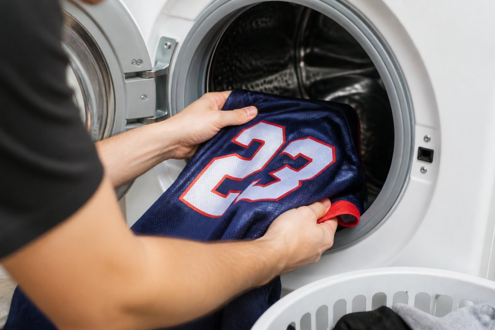 Close-up of hands carefully placing a custom team jersey into a washing machine, showing proper garment positioning and gentle handling