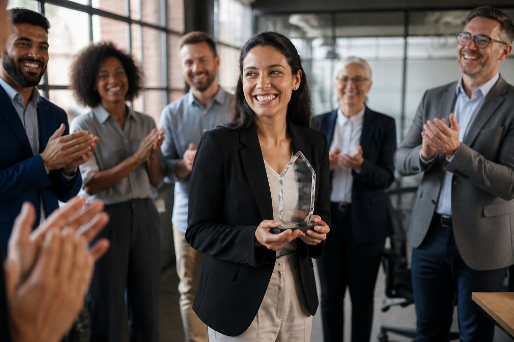 Diverse team celebrating an employee achievement in a modern office, with the recipient holding a custom glass award while colleagues applaud in the background, natural office lighting