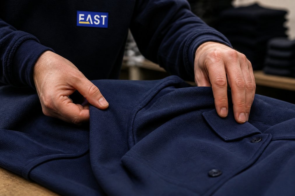 Close-up of high-quality embroidered workwear fabric showing intricate stitching detail and vibrant colours with worker hands inspecting the garment under natural light