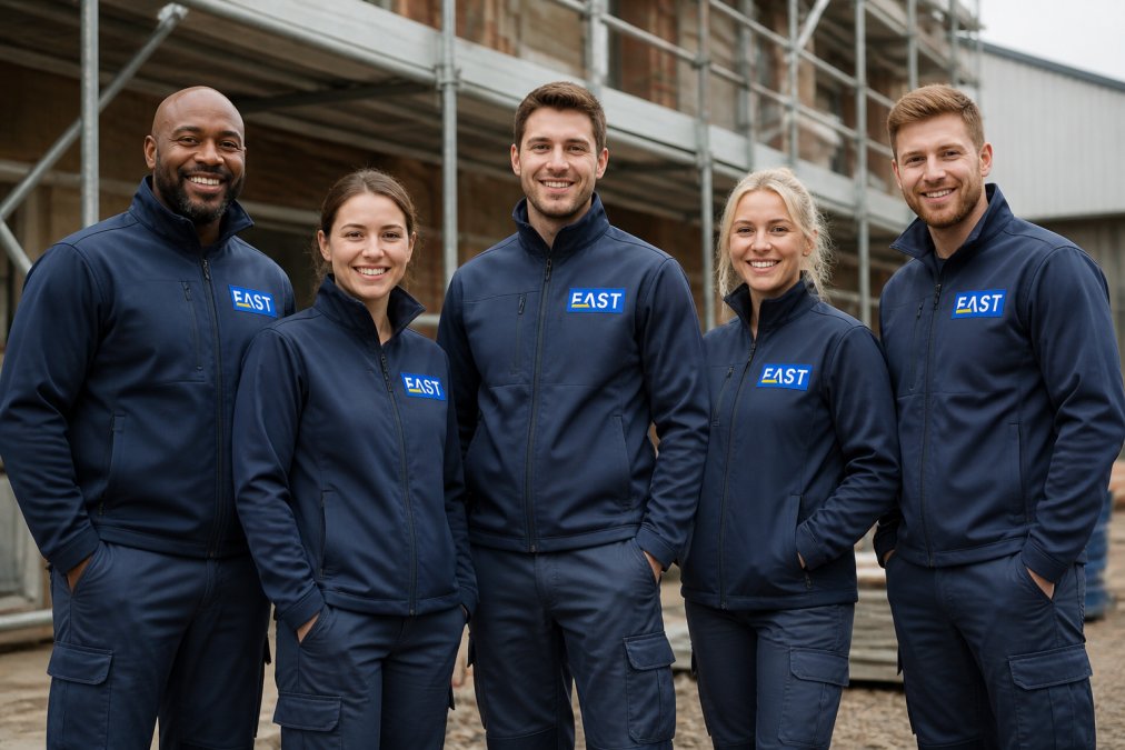 Team of workers in matching branded uniforms with embroidered logos standing together on a job site, displaying professional appearance and unified brand identity