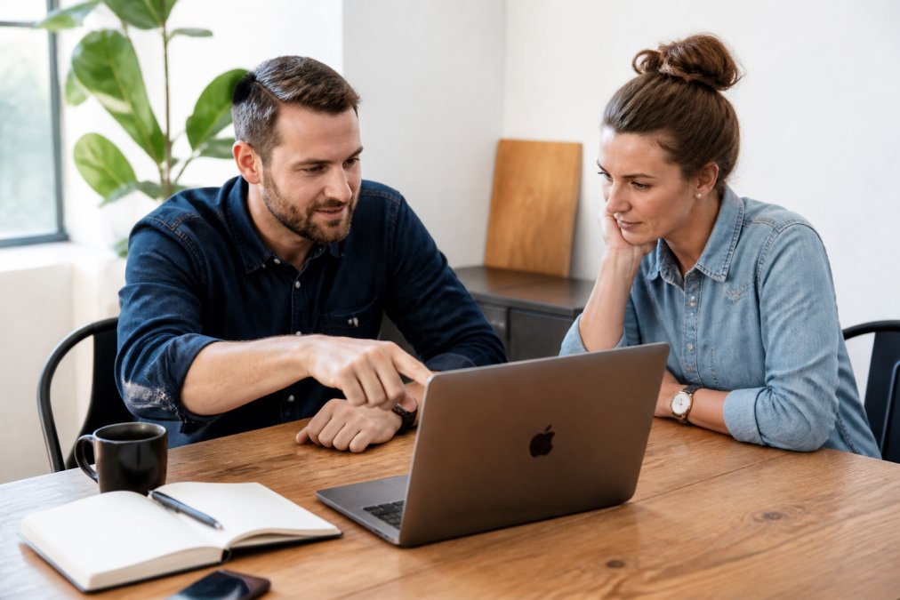 A small business owner and a web designer reviewing a laptop together at a wooden desk, pointing at a screen showing a clean website layout, with a notepad and coffee nearby in a bright office