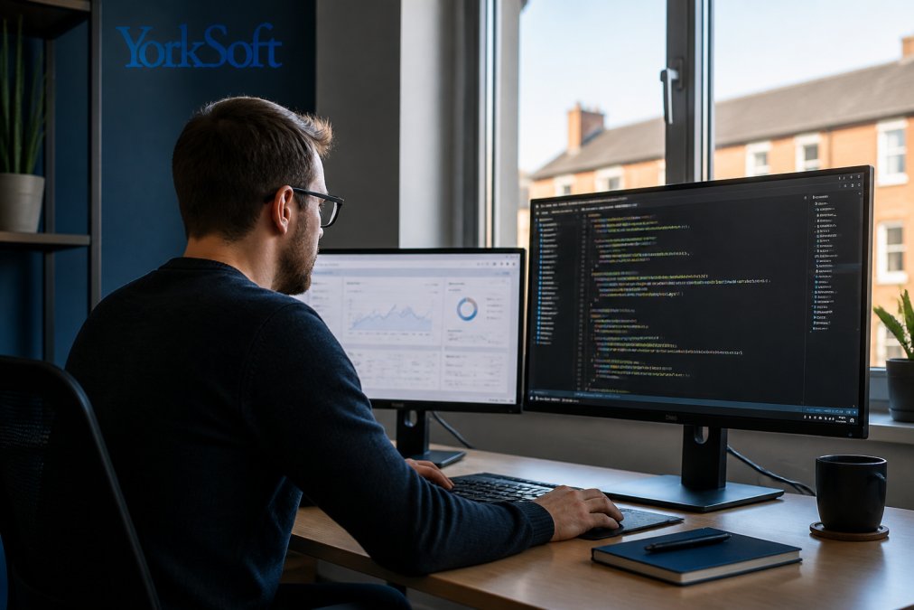 A web developer reviewing code on a large monitor in a modern Northampton office, analytics dashboards visible on a second screen, soft afternoon light through the window