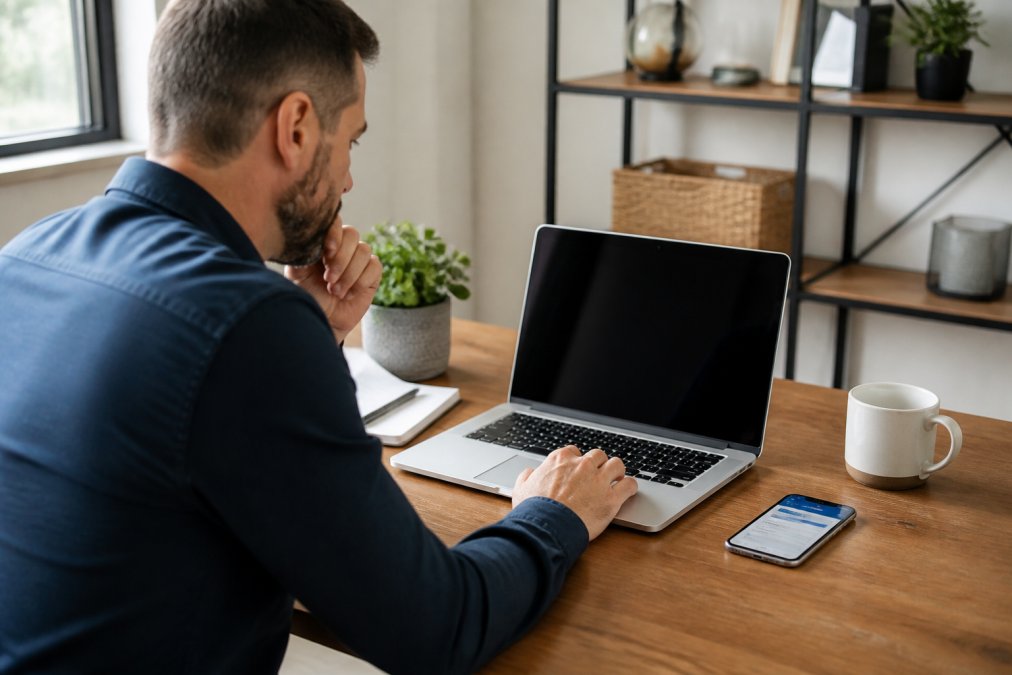 A small business owner reviewing website analytics on a laptop in a bright office, with a smartphone showing a contact form nearby