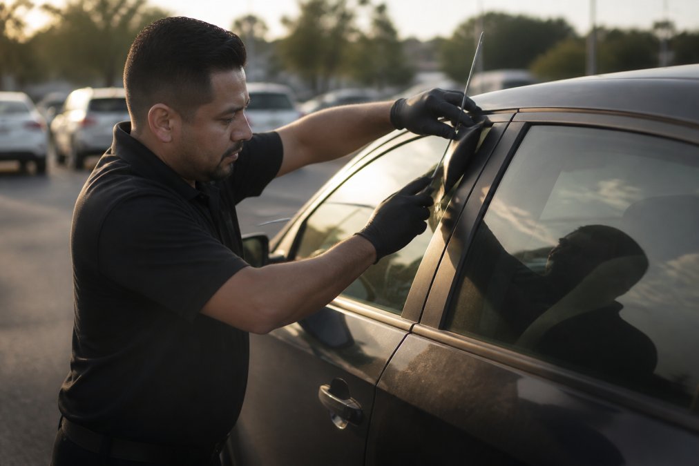 A professional technician in a dark polo shirt using a thin air wedge and a long reach tool to unlock a sedan door in a bright parking lot, working carefully at the window edge