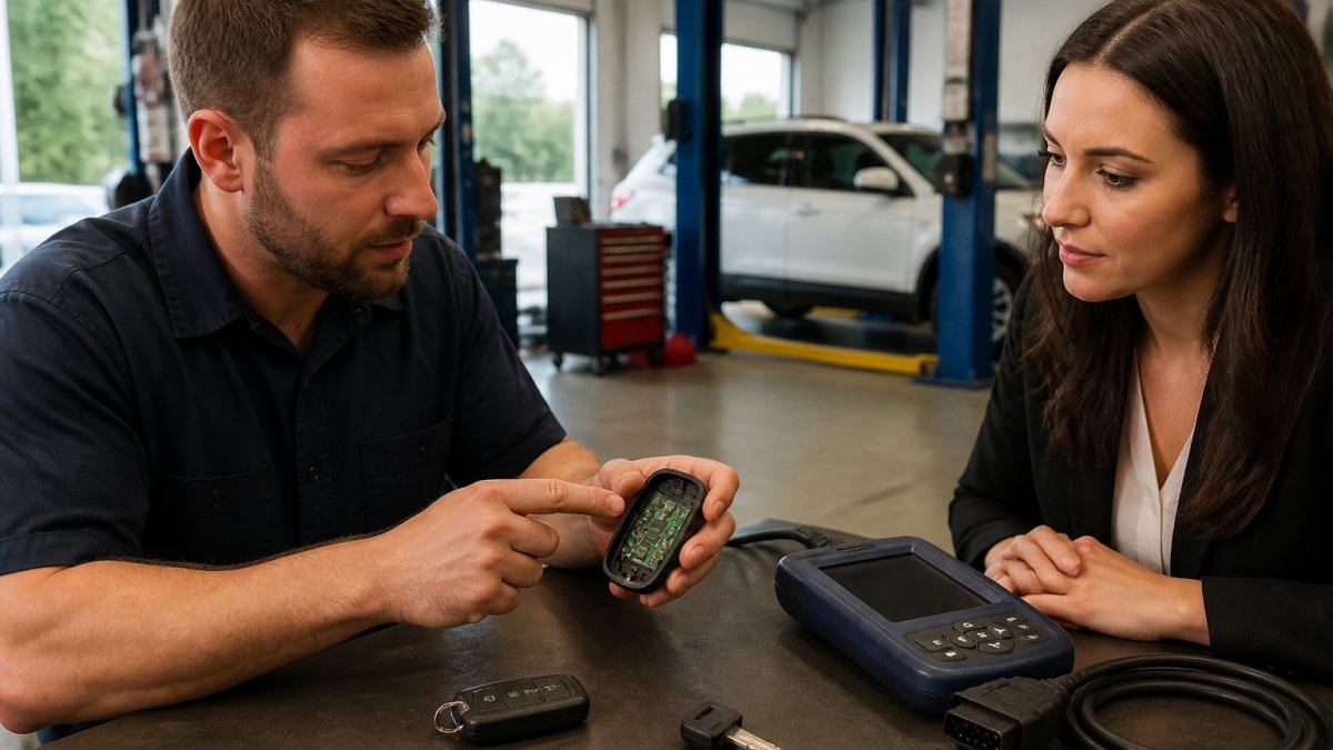 Close-up of a modern car key fob with visible electronic components and circuit board, positioned next to specialized diagnostic scanner equipment in a professional service bay with overhead lighting