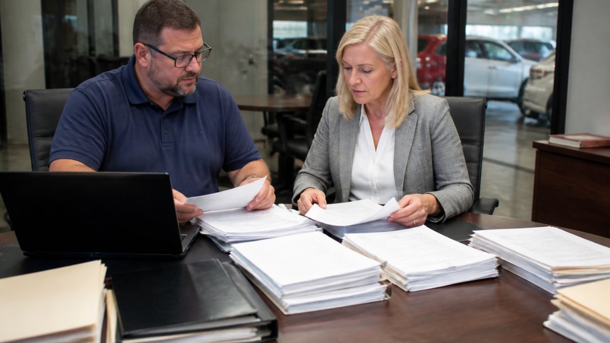 A dealership controller and consultant reviewing stacks of vendor invoices and contract folders at a conference table in a dealership back office, laptop open with a spreadsheet