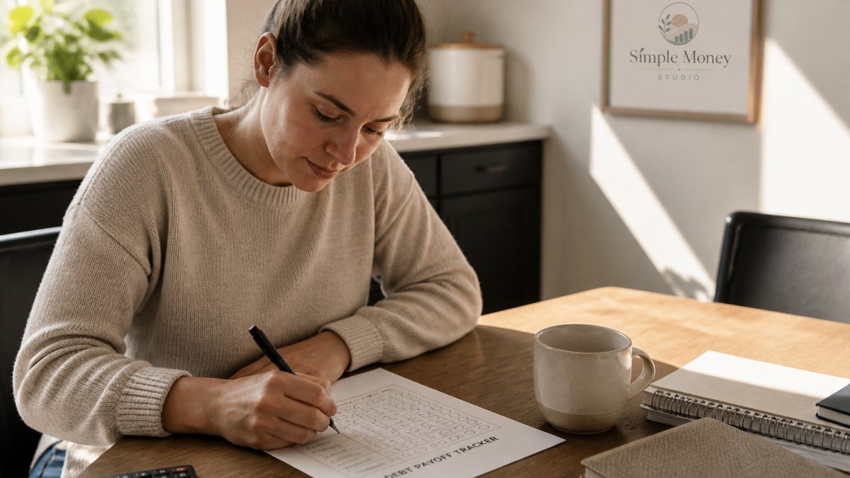 A person sitting at a kitchen table filling in a printed debt payoff tracker with a pen, coffee mug nearby, soft morning light