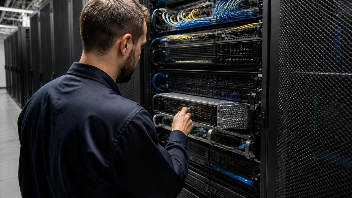 Technician monitoring equipment in a data center where dedicated servers improve website speed via optimized hardware.