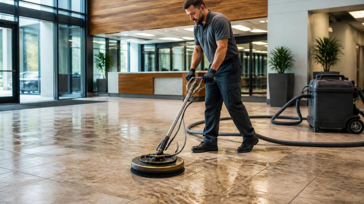 Professional using specialized equipment to deep clean dirt and foot traffic marks in a busy office lobby.
