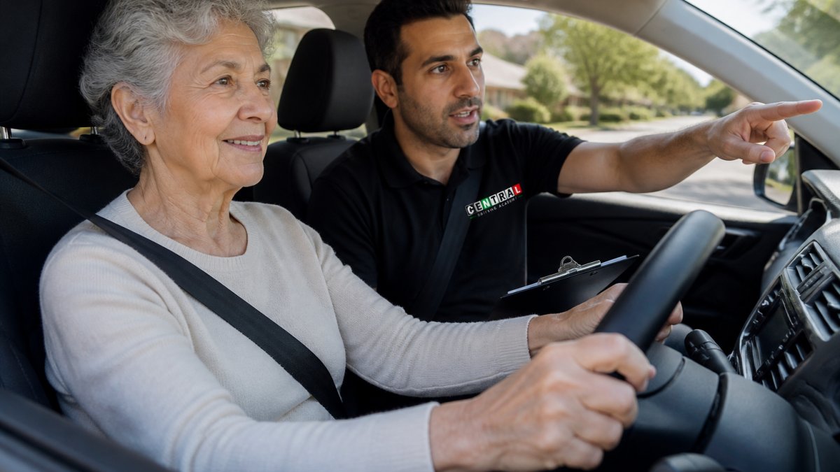 A calm senior woman in her 70s sitting behind the wheel of a car, smiling with relaxed hands on the steering wheel, an instructor beside her pointing ahead, bright daytime suburban street