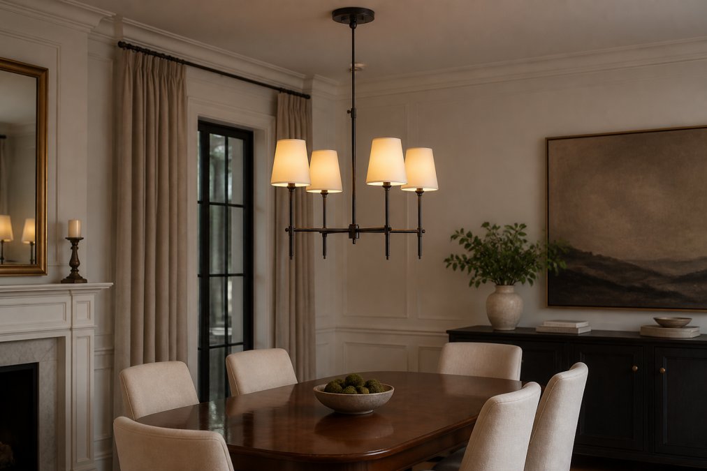 Elegant dining room interior with a designer chandelier as the focal point, creating warm ambient light that bathes the space in sophisticated warmth, with polished wood table and refined furnishings