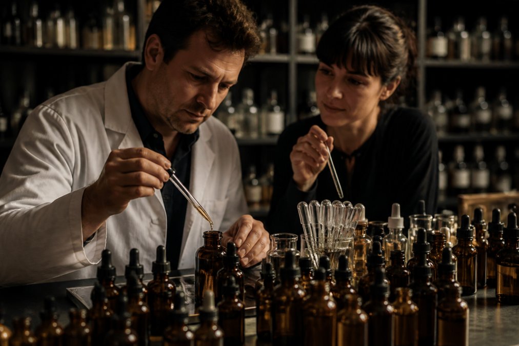A perfumer's laboratory bench with rows of identical amber glass bottles and pipettes, soft cinematic lighting highlighting the repetition of mass-market formulas