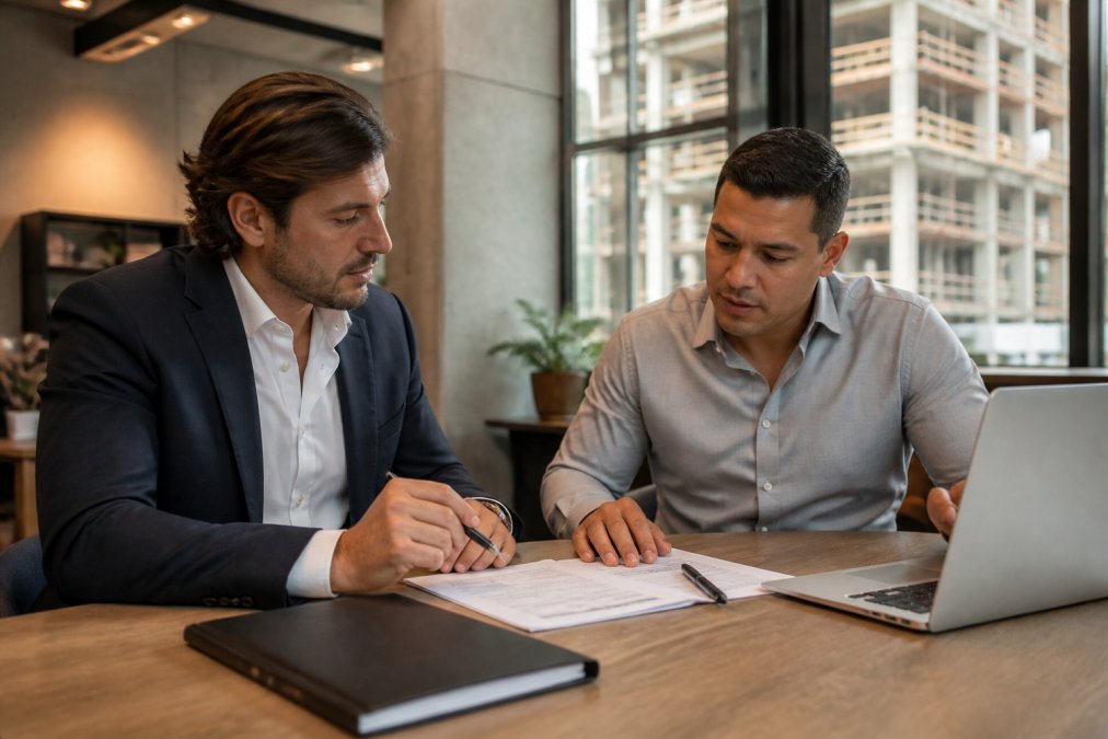 Developer and lender reviewing a hybrid lending term sheet and financial data at a modern office desk