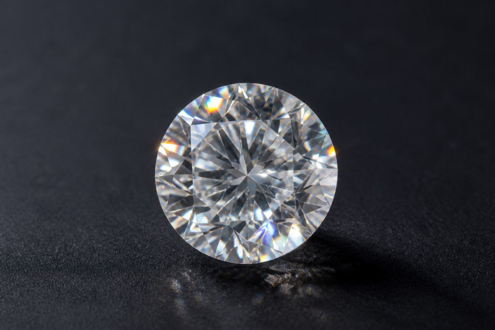 Close-up of a brilliantly cut diamond under professional lighting, showing intense sparkle and rainbow fire dispersed across the facets, positioned against a neutral dark background to highlight the gemstone's optical properties