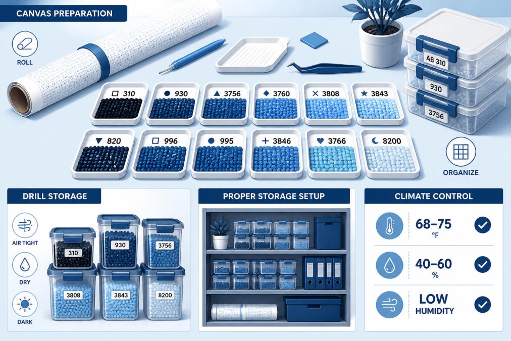Organized craft workspace with diamond painting supplies displayed on a work table, including labeled drill trays in organized rows, storage containers with sealed lids, a canvas roll, and proper storage setup with climate control visible