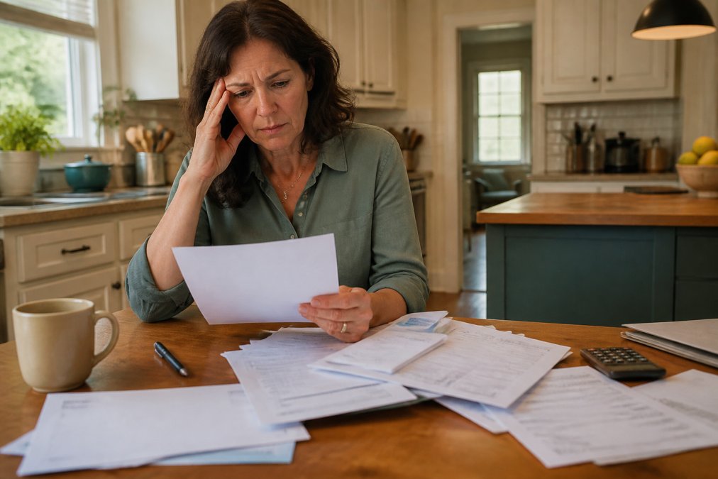 A homeowner sitting at a kitchen table looking concerned while reviewing insurance renewal documents, a laptop open beside them showing a higher renewal amount, warm kitchen lighting, papers spread across the table