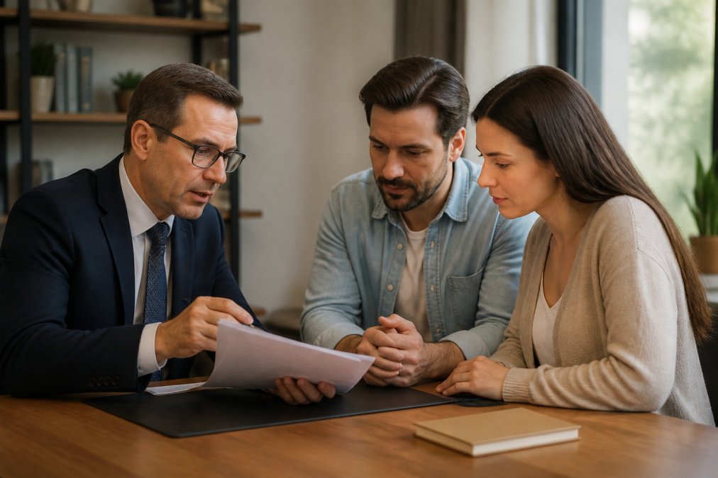 A licensed insurance advisor sitting across from a couple at a desk, reviewing printed policy documents together in a professional office with warm lighting, bookshelves visible in the background