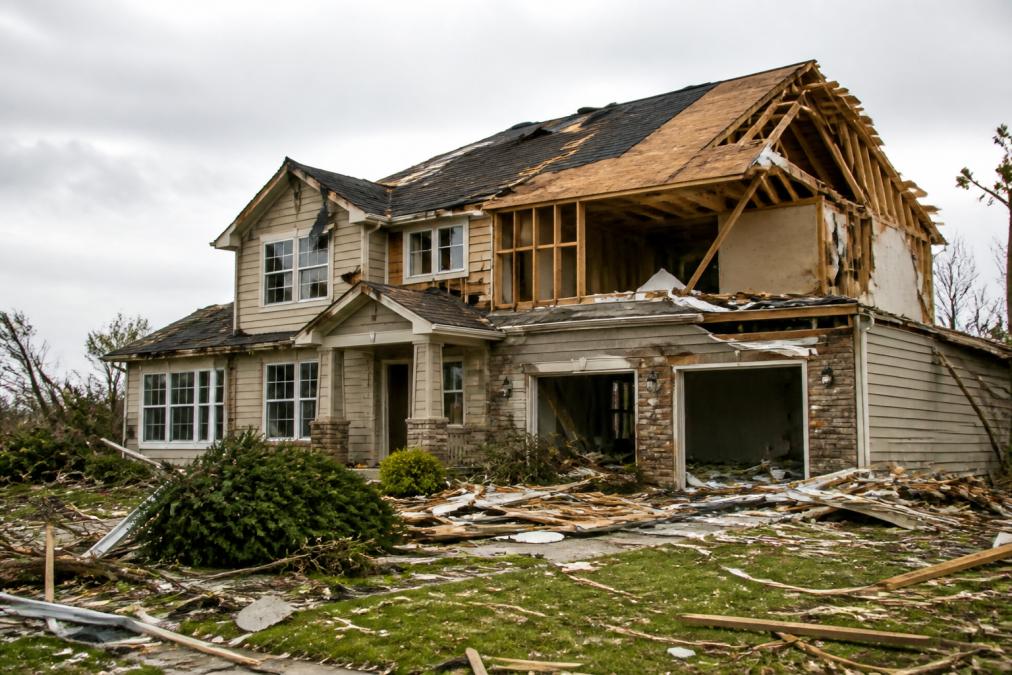Residential home with extensive roof and siding damage from severe weather, showing exposed framing and debris scattered across yard after storm