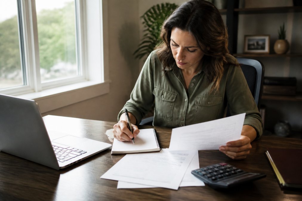 Homeowner sitting at desk reviewing insurance policy documents with laptop and calculator, natural light from window, taking handwritten notes