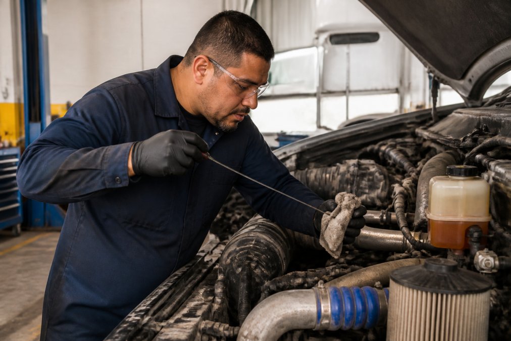 ASE-certified mechanic in blue work uniform performing routine maintenance under the hood of a diesel truck engine, checking fluid levels and inspecting filters with precision tools in a well-lit professional garage