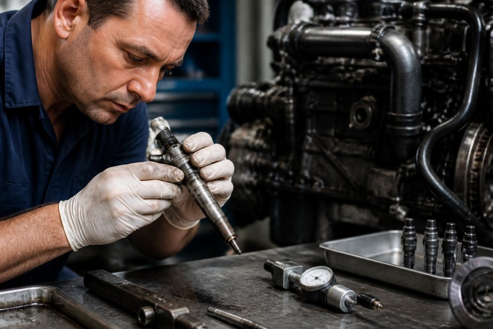 Close-up of a diesel engine fuel injector component being carefully inspected by a technician's hands wearing latex gloves, with precision diagnostic tools and measurement instruments visible on the workbench in professional shop lighting