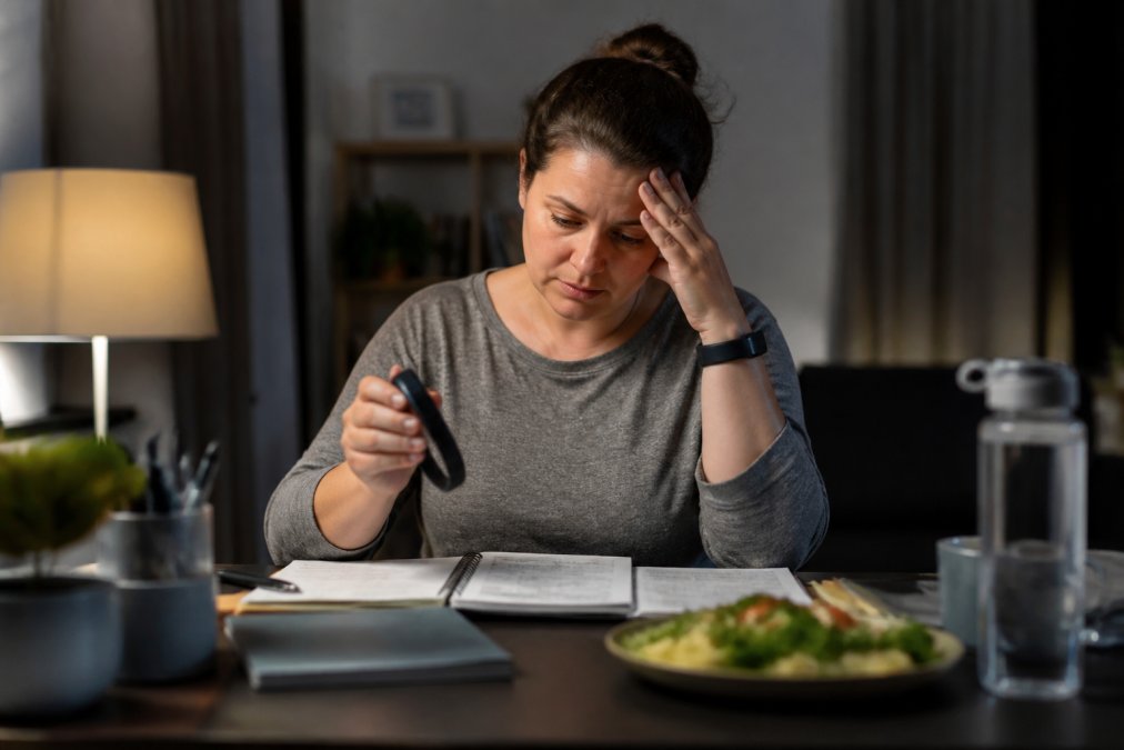 Person sitting at a desk looking frustrated while holding a food journal and fitness tracker, with visible stress and fatigue on their face, in a dimly lit home office setting