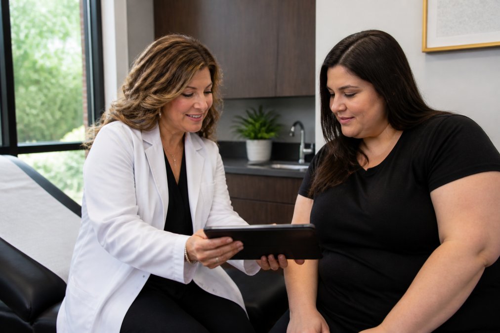 Board-certified physician consulting with a patient in a modern medical office, reviewing a personalized weight management plan on a tablet, with natural office lighting