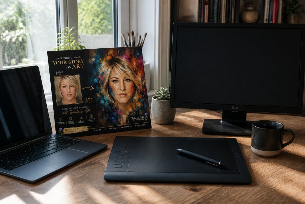 Artist's workspace featuring a drawing tablet with stylus positioned next to a laptop and monitor, natural daylight streaming through a window, with a coffee cup and design software visible on screen